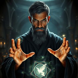 Realistic portrait of a human male sorcerer in his mid-thirties, with dark short hair and a grey short mutton chop beard