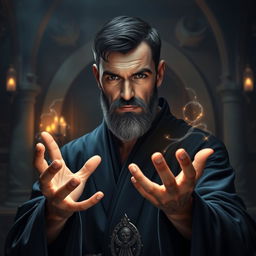 Realistic portrait of a human male sorcerer in his mid-thirties, with dark short hair and a grey short mutton chop beard