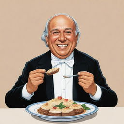 A cartoon version of Miguel Hidalgo, a historical Mexican figure, happily eating marquesitas, a traditional Yucatan dessert.