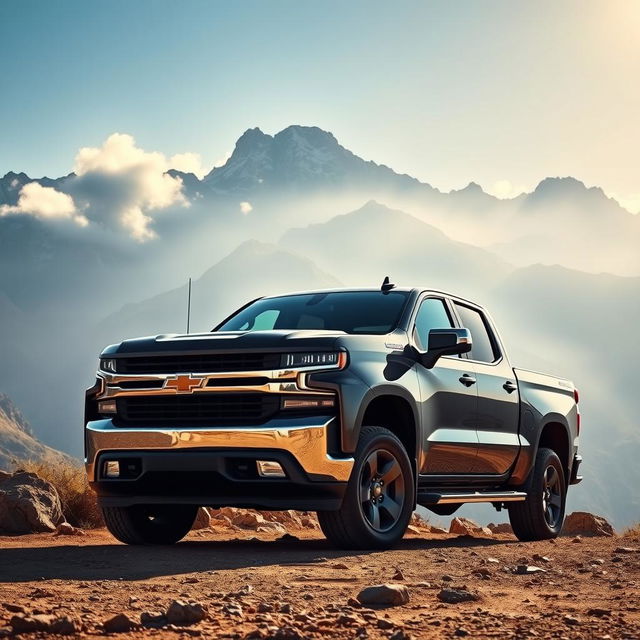 A powerful and sleek Chevrolet Silverado set against a rugged mountain backdrop