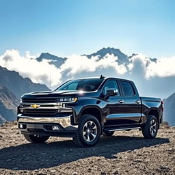 A powerful and sleek Chevrolet Silverado set against a rugged mountain backdrop