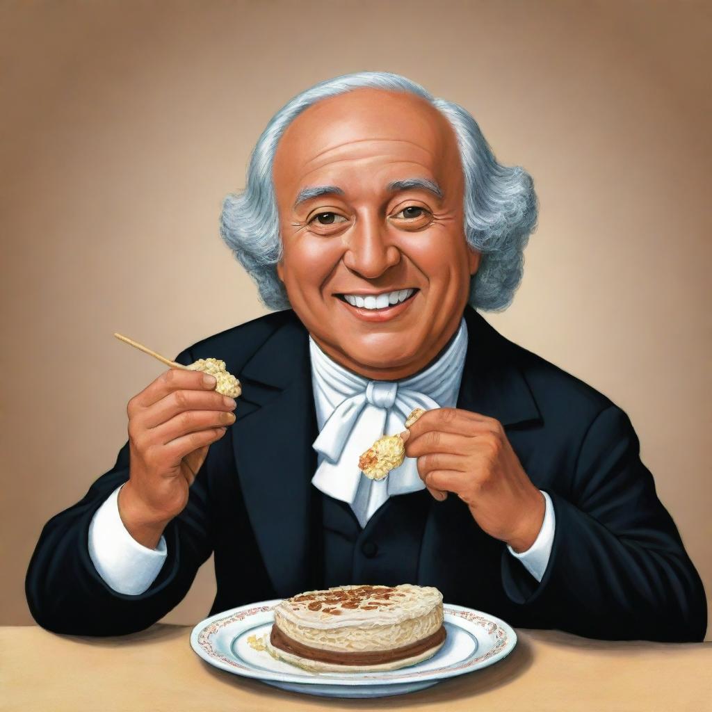 A cartoon version of Miguel Hidalgo, a historical Mexican figure, happily eating marquesitas, a traditional Yucatan dessert.