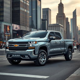 A futuristic 2025 Chevrolet Silverado pickup truck, displayed in an urban environment