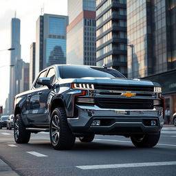 A futuristic 2025 Chevrolet Silverado pickup truck, displayed in an urban environment