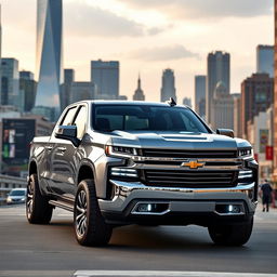 A futuristic 2025 Chevrolet Silverado pickup truck, displayed in an urban environment