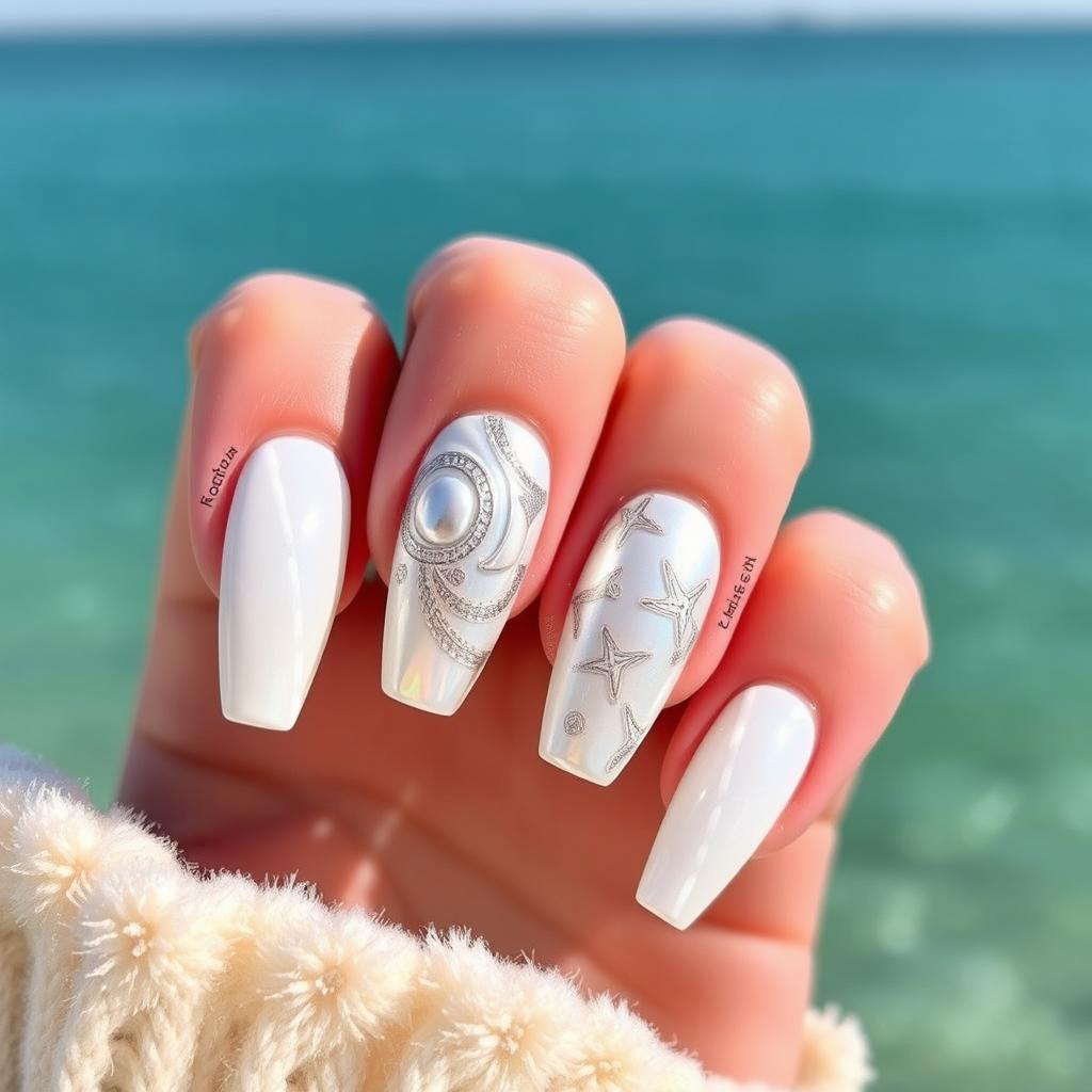 A stunning summer beach manicure design set against the backdrop of the sea in 2024