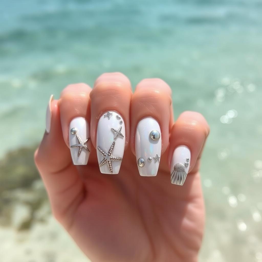 A stunning summer beach manicure design set against the backdrop of the sea in 2024