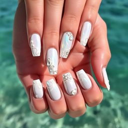 A stunning summer beach manicure design set against the backdrop of the sea in 2024