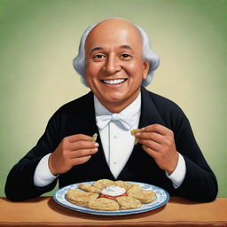 A cartoon version of Miguel Hidalgo, a historical Mexican figure, happily eating marquesitas, a traditional Yucatan dessert.