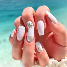 A stunning summer beach manicure design set against the backdrop of the sea in 2024