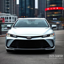 A sleek and elegant 2025 Toyota Camry sedan, showcased in a modern city setting