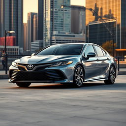 A sleek and elegant 2025 Toyota Camry sedan, showcased in a modern city setting