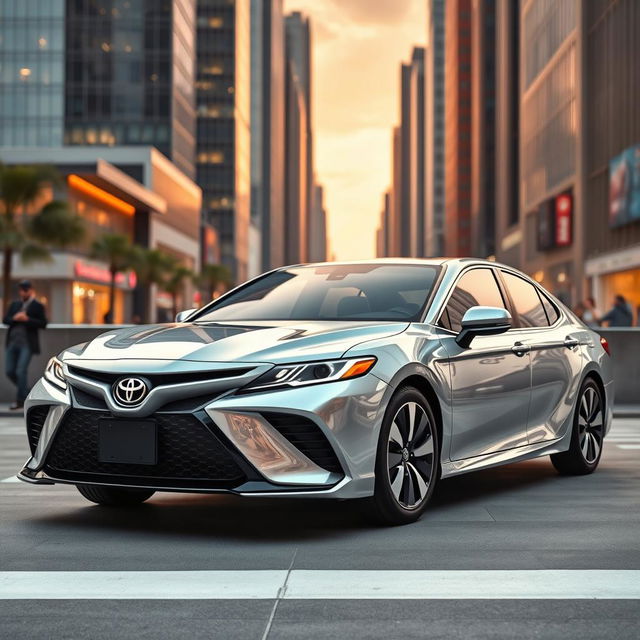 A sleek and elegant 2025 Toyota Camry sedan, showcased in a modern city setting