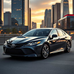 A sleek and elegant 2025 Toyota Camry sedan, showcased in a modern city setting