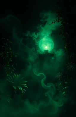 A dark and mysterious scene with an enchanting Persian green theme, featuring swirling fog and shadows, lush Persian green foliage and intricate patterns illuminated by a mystical light