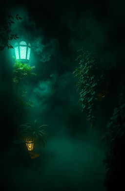 A dark and mysterious scene with an enchanting Persian green theme, featuring swirling fog and shadows, lush Persian green foliage and intricate patterns illuminated by a mystical light