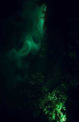 A dark and mysterious scene with an enchanting Persian green theme, featuring swirling fog and shadows, lush Persian green foliage and intricate patterns illuminated by a mystical light