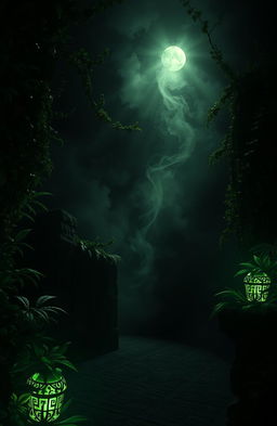 A dark and mysterious scene with an enchanting Persian green theme, featuring swirling fog and shadows, lush Persian green foliage and intricate patterns illuminated by a mystical light