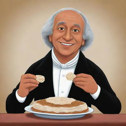 A cartoon version of Miguel Hidalgo, a historical Mexican figure, happily eating marquesitas, a traditional Yucatan dessert.