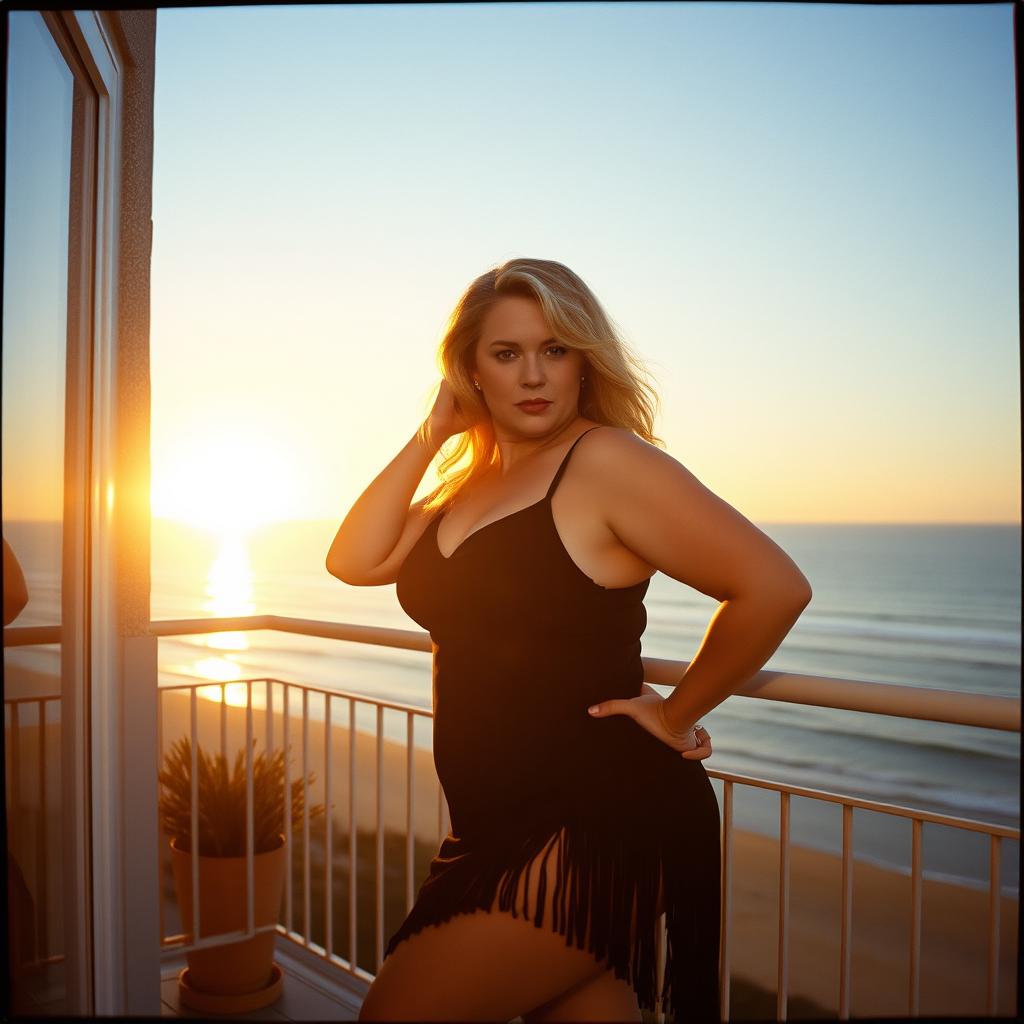 A curvy chubby blonde woman around 40 years old is posing seductively on a balcony overlooking the beach at St Ives