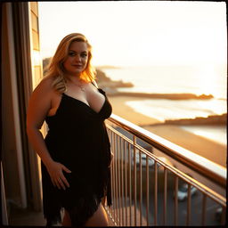 A curvy chubby blonde woman around 40 years old is posing seductively on a balcony overlooking the beach at St Ives