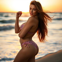 A confident and sexy woman in a stylish bikini, emphasizing her curvaceous figure and round, prominent hips, posing by the beach