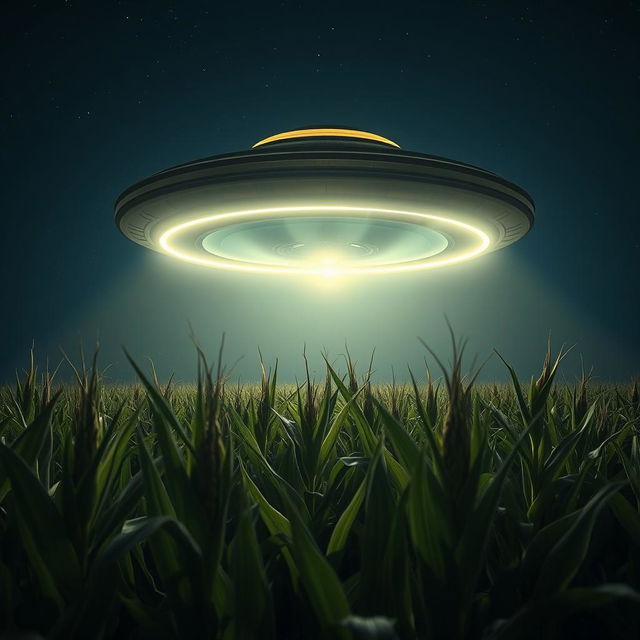 A UFO hovering above a vast cornfield under the night sky, designed as if captured in a raw photograph for a sci-fi documentary poster