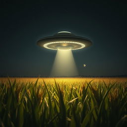 A UFO hovering above a vast cornfield under the night sky, designed as if captured in a raw photograph for a sci-fi documentary poster