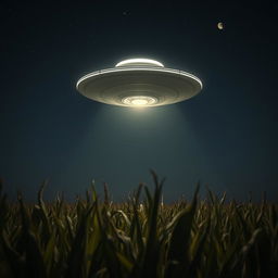 A UFO hovering above a vast cornfield under the night sky, designed as if captured in a raw photograph for a sci-fi documentary poster