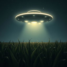 A UFO hovering above a vast cornfield under the night sky, designed as if captured in a raw photograph for a sci-fi documentary poster