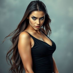 A sensual and alluring woman with long flowing hair, striking a confident pose