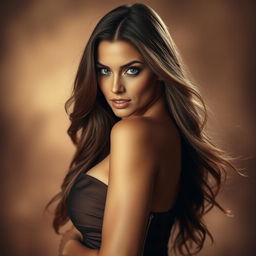 A sensual and alluring woman with long flowing hair, striking a confident pose