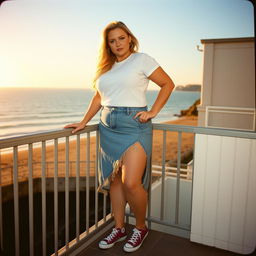 A curvy chubby blonde woman around 40 years old is posing seductively on a balcony overlooking the beach at St Ives