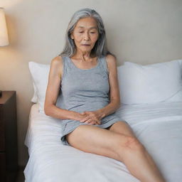 A slender Asian grandmother with long grey hair, wearing a mini skirt with a side slit and a tank top with a side slit, displaying slightly wrinkled leg skin, peacefully asleep on the bed.