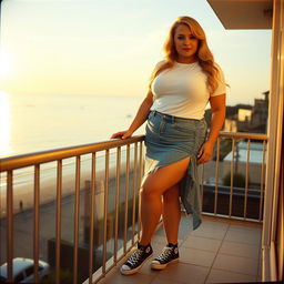 A curvy chubby blonde woman around 40 years old is posing seductively on a balcony overlooking the beach at St Ives