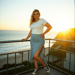 A curvy chubby blonde woman around 40 years old is posing seductively on a balcony overlooking the beach at St Ives