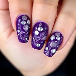 A fashion-forward nail design showcasing voluminous figures and large sparkles, set on a rich purple base