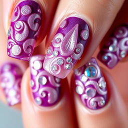 A fashion-forward nail design showcasing voluminous figures and large sparkles, set on a rich purple base