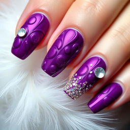 A fashion-forward nail design showcasing voluminous figures and large sparkles, set on a rich purple base