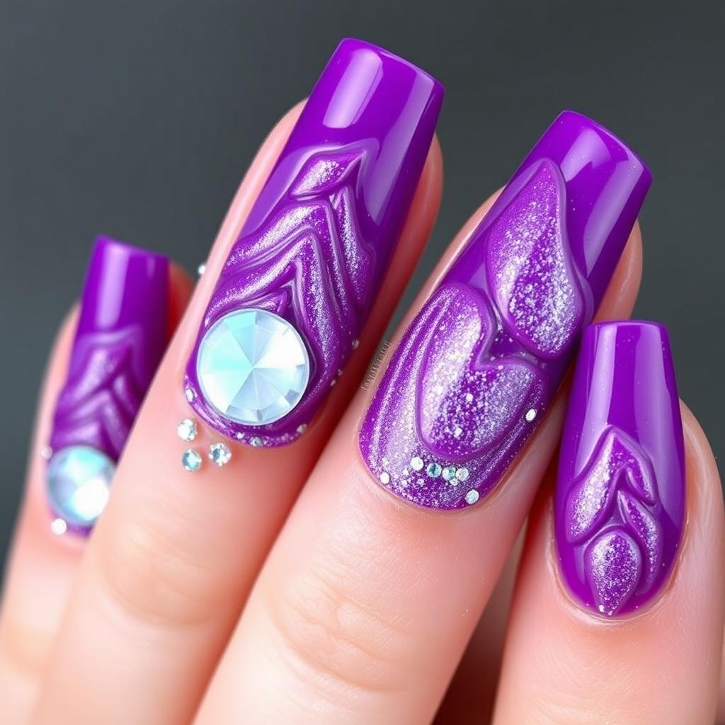 A fashion-forward nail design showcasing voluminous figures and large sparkles, set on a rich purple base