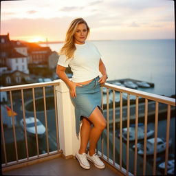 A curvy chubby blonde woman around 40 years old is posing seductively on a balcony overlooking the harbor at St Ives