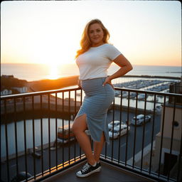 A curvy chubby blonde woman around 40 years old is posing seductively on a balcony overlooking the harbor at St Ives