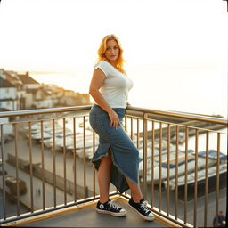 A curvy chubby blonde woman around 40 years old is posing seductively on a balcony overlooking the harbor at St Ives