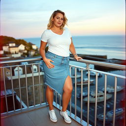 A curvy chubby blonde woman around 40 years old is posing seductively on a balcony overlooking the harbor at St Ives