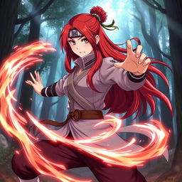 Kushina Uzumaki, a female character with long red hair and a fierce expression, wearing a traditional Japanese ninja outfit with a modern twist