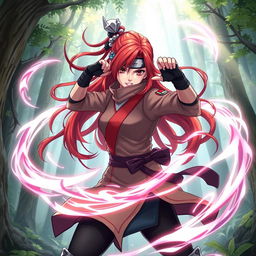 Kushina Uzumaki, a female character with long red hair and a fierce expression, wearing a traditional Japanese ninja outfit with a modern twist