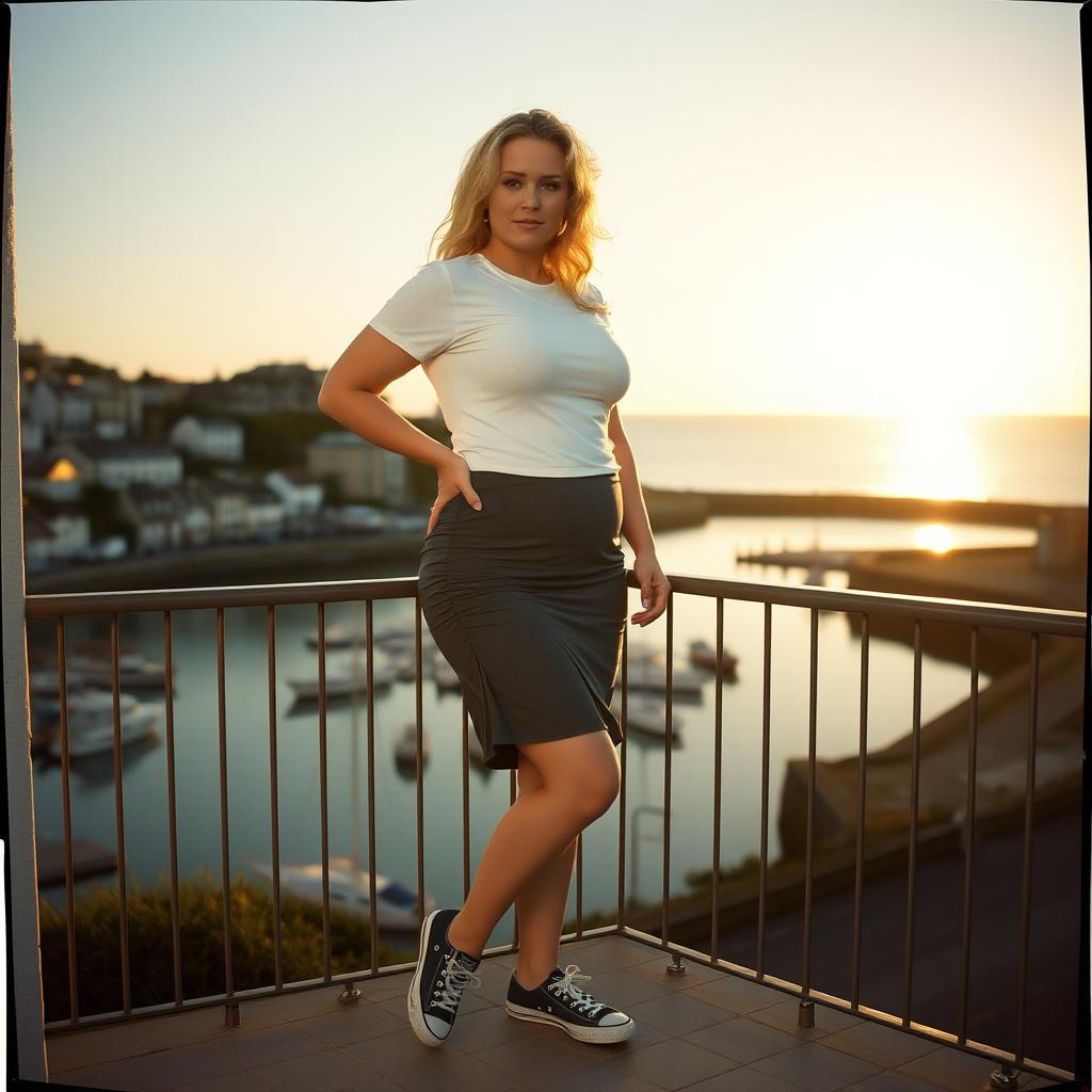 A curvy chubby blonde woman around 40 years old is posing seductively on a balcony overlooking the harbor at St Ives