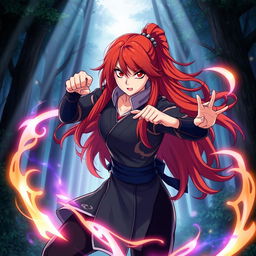 Kushina Uzumaki, a female character with long red hair and a fierce expression, wearing a traditional Japanese ninja outfit with a modern twist