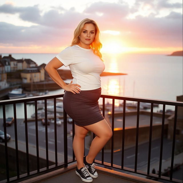 A curvy chubby blonde woman around 40 years old is posing seductively on a balcony overlooking the harbor at St Ives