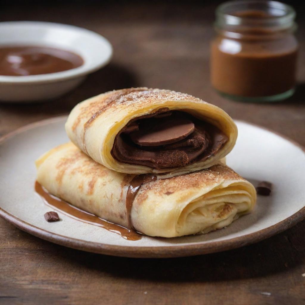 A freshly made Marquesita, a typical Yucatecan dessert, filled with Nutella and cheese, its golden brown crunchy crepe rolled into a cylinder, placed on a rustic wooden table with soft background lighting.